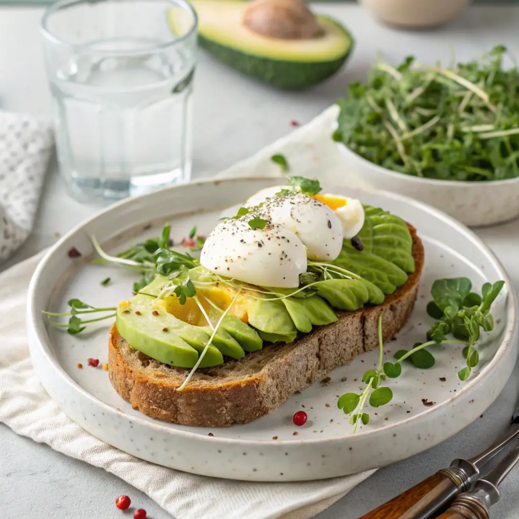 Sourdough bread with avocado, poached eggs, and microgreens on a white plate.