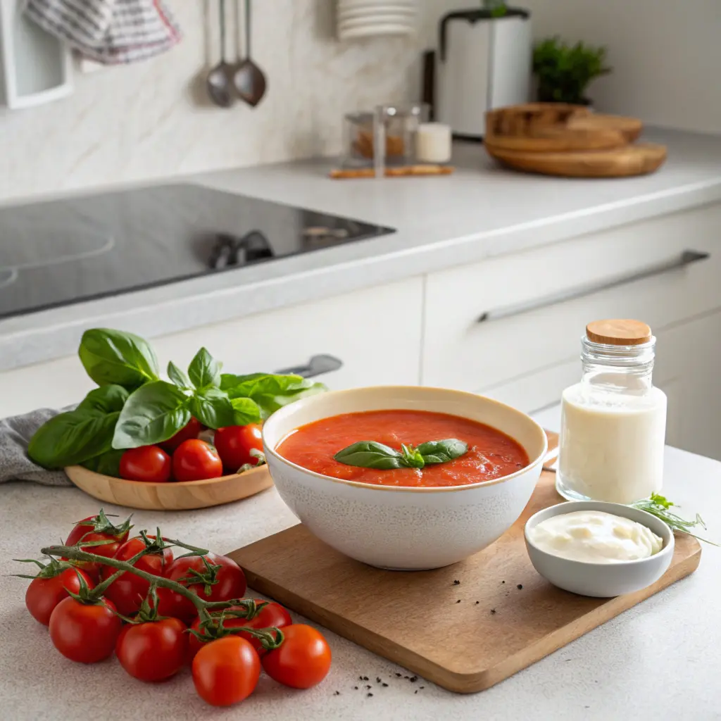 A healthy serving of tomato soup in a modern kitchen with fresh tomatoes, basil, and a jar of cream nearby.