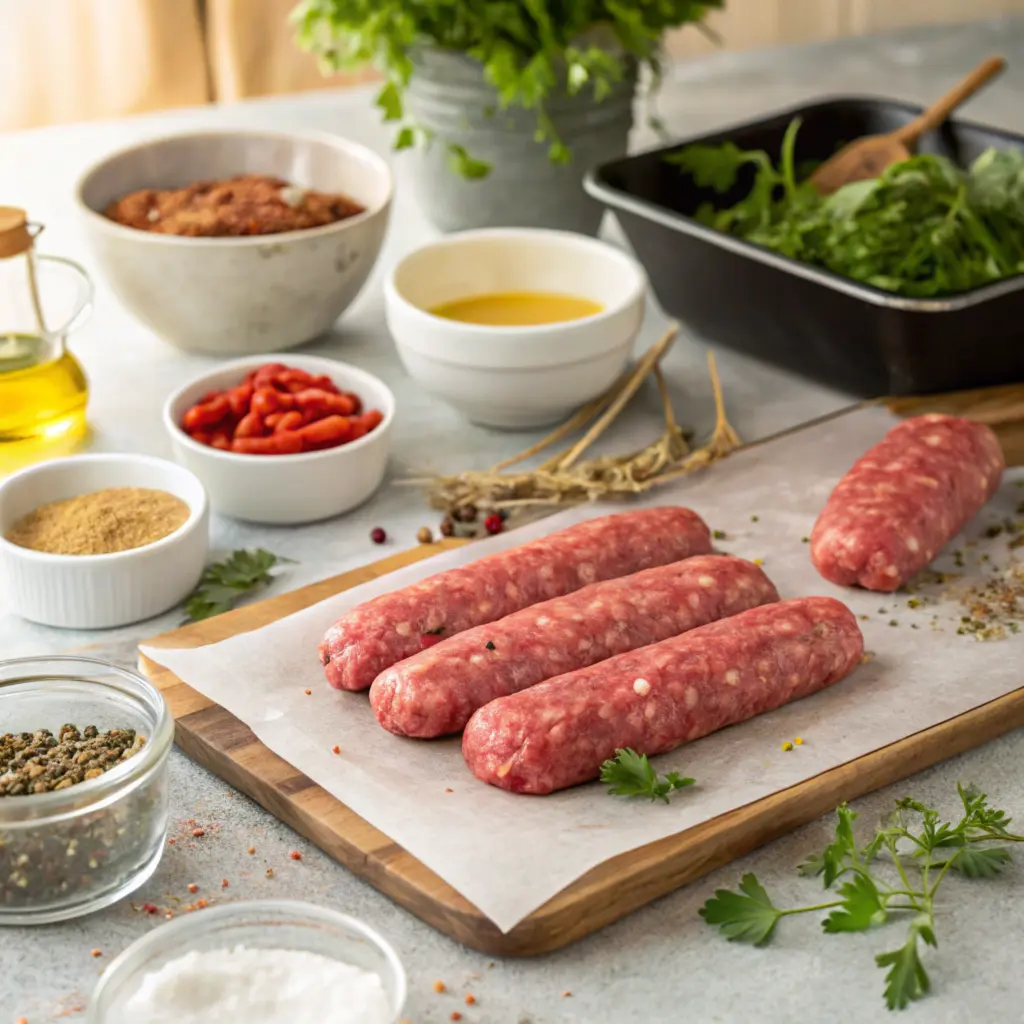 Raw ground beef being seasoned and shaped into patties, with bowls of spices and herbs on a kitchen counter.