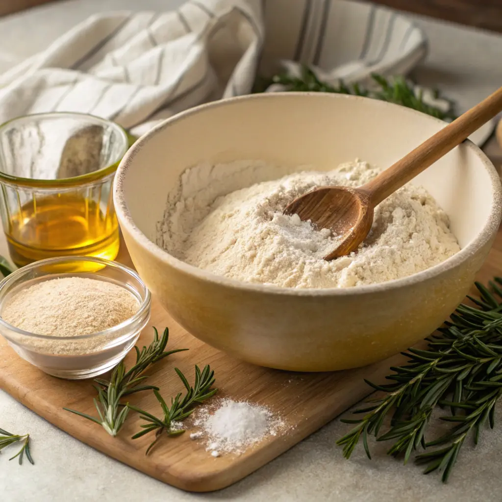 A mixing bowl with flour, yeast, and water, surrounded by olive oil, salt, and rosemary on a kitchen countertop.