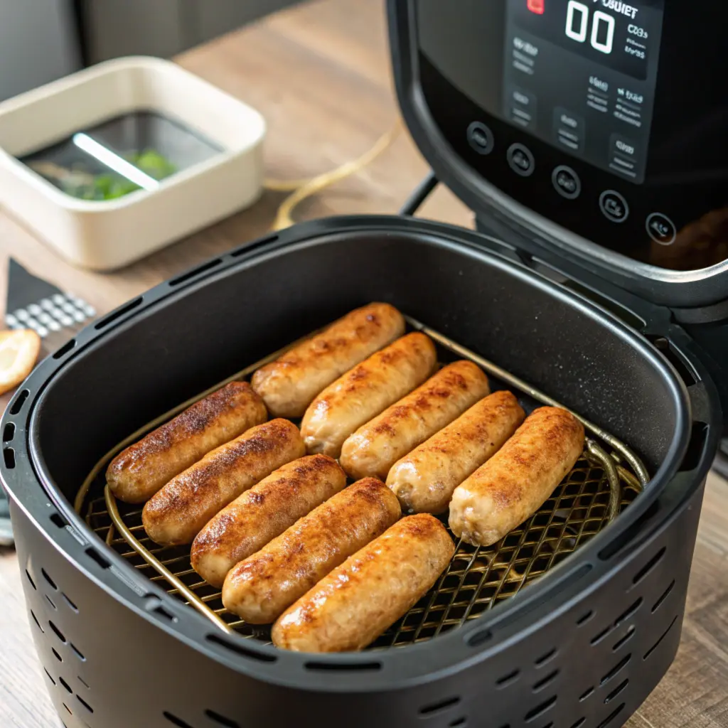 Chicken breakfast sausage cooking in an air fryer basket with a golden-brown finish.