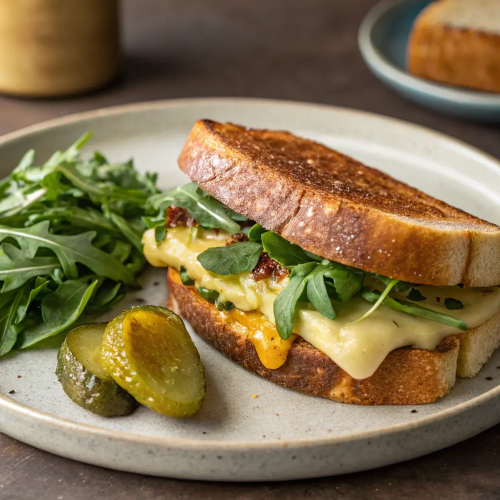 A gourmet grilled cheese sandwich with brioche bread, arugula, and a cheese blend, served with pickles.