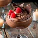 A glass bowl filled with chocolate cheesecake mousse topped with chocolate shavings and raspberries.