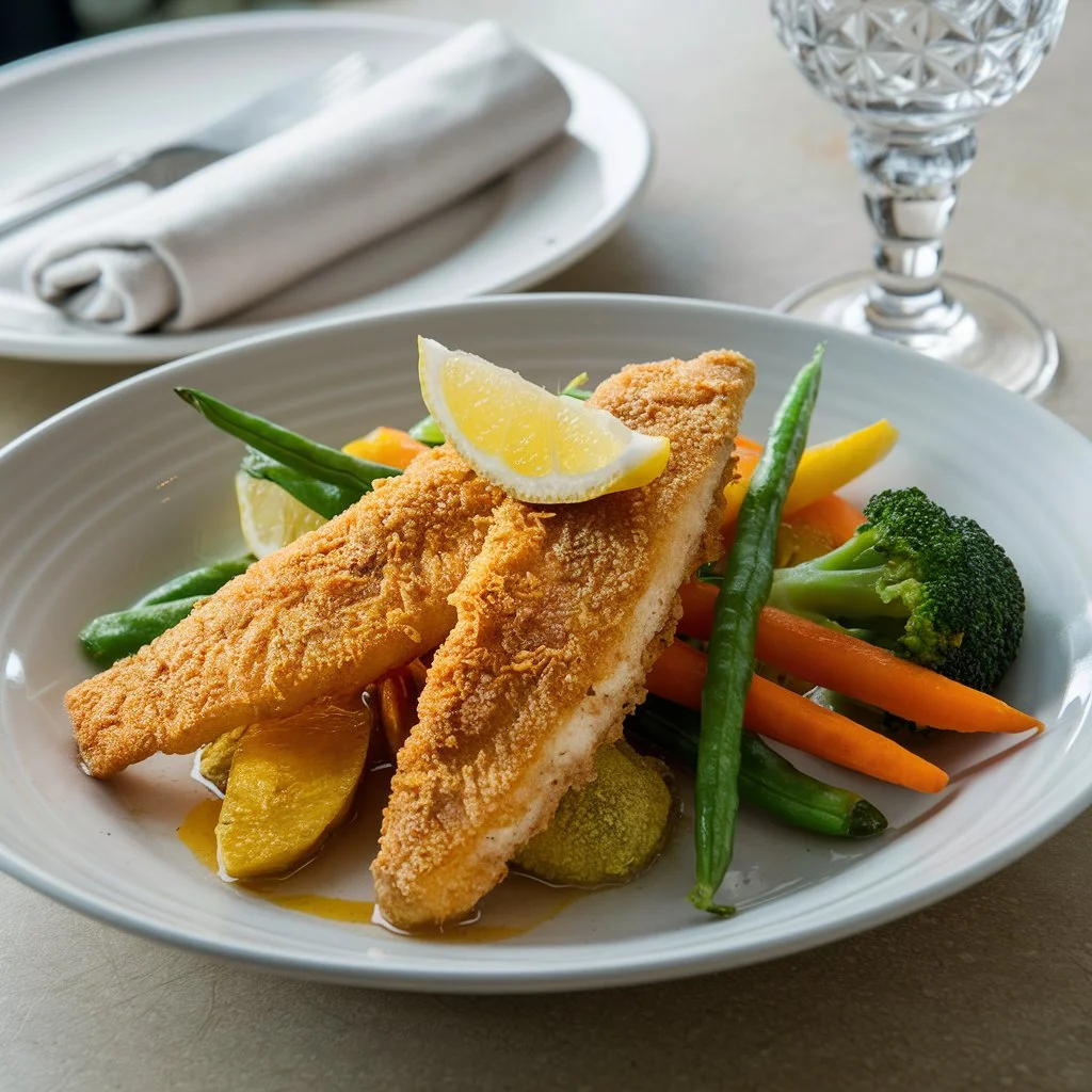 Air-fried fish fillets served with steamed vegetables and lemon.