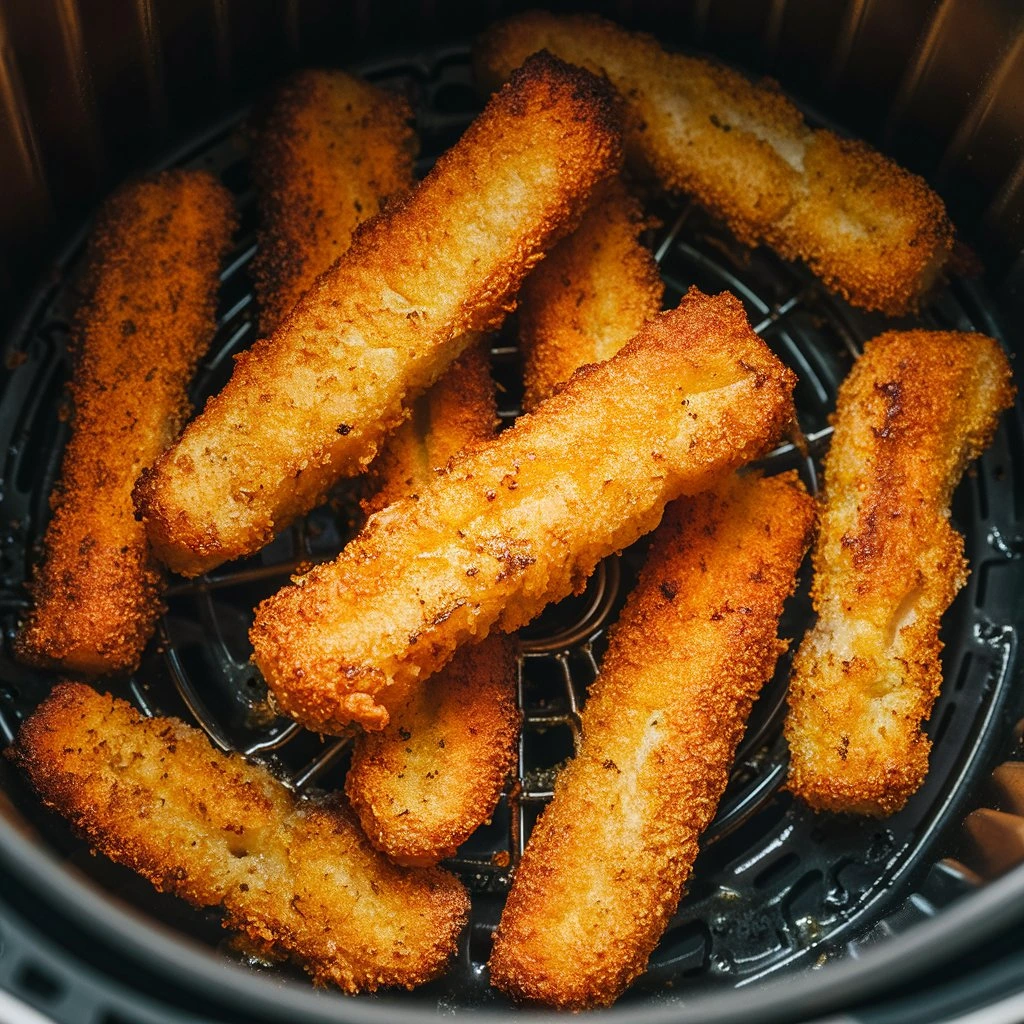 Crispy fish sticks in an air fryer basket, freshly cooked and golden-brown