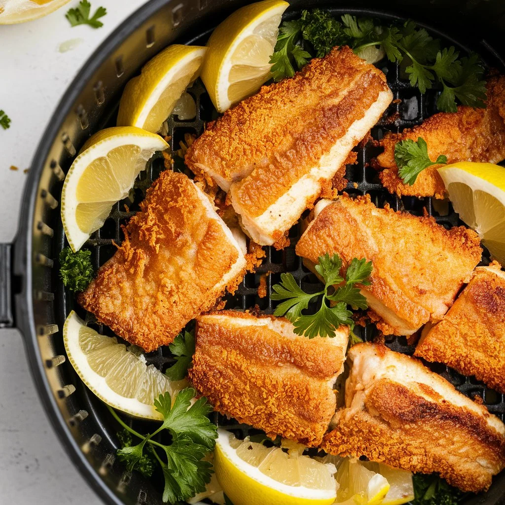 Crispy air-fried fish fillets garnished with lemon wedges and parsley.