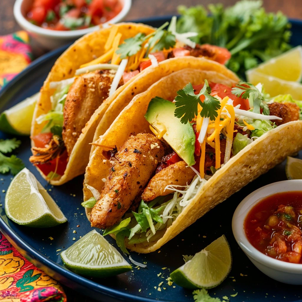 A plate of crispy air fryer tacos with fresh toppings.