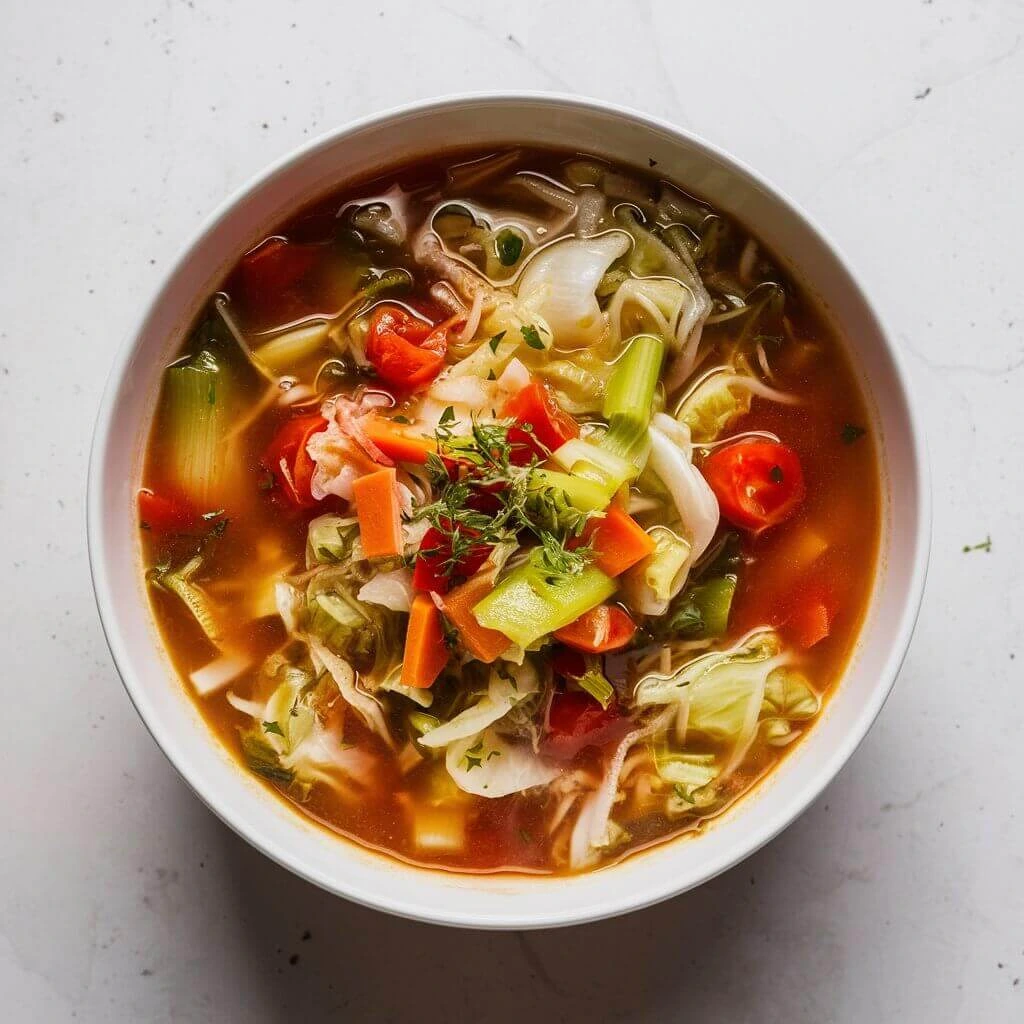 A bowl of cabbage soup with fresh vegetables on a wooden countertop