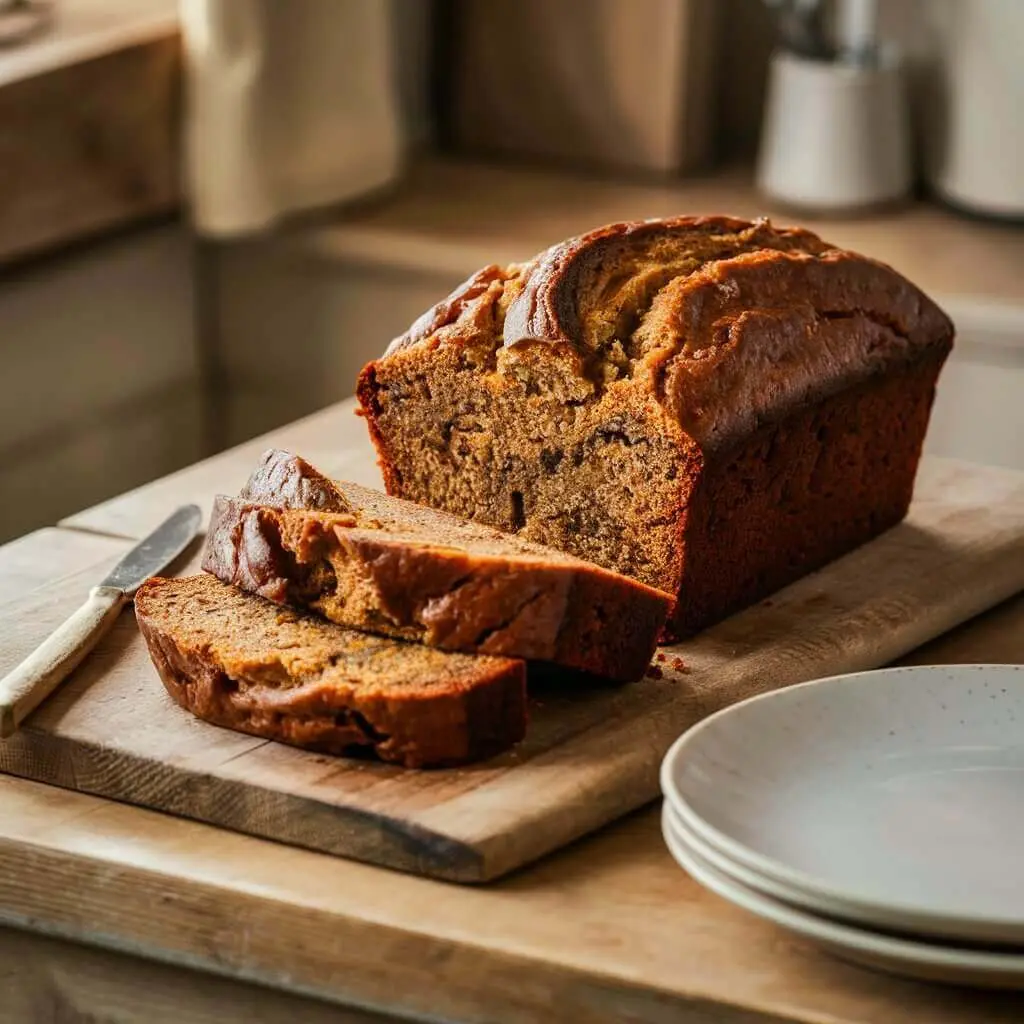 Freshly baked banana bread loaf sliced on a wooden board with a knife beside it.