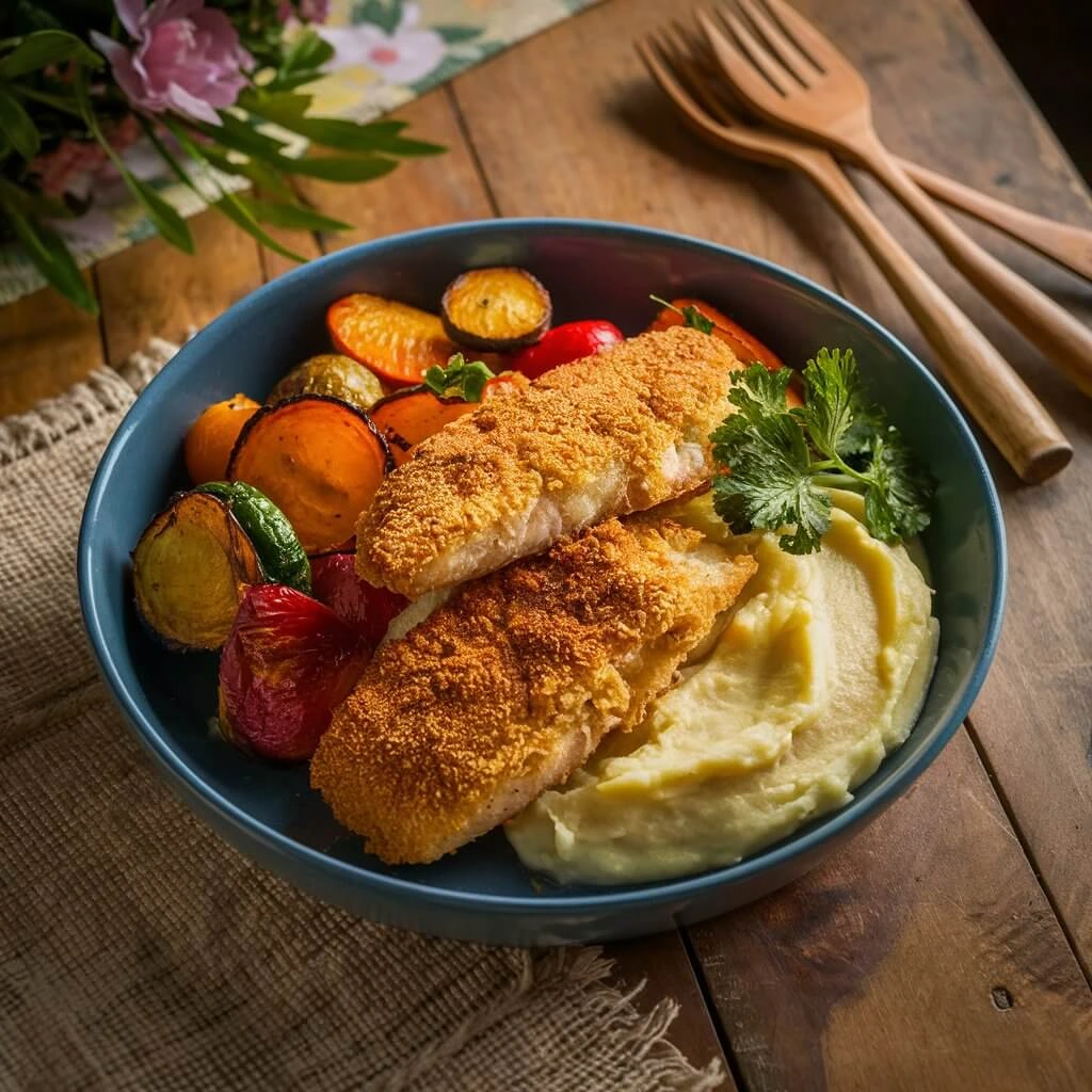 Air-fried breaded fish fillets served with roasted vegetables and mashed potatoes.