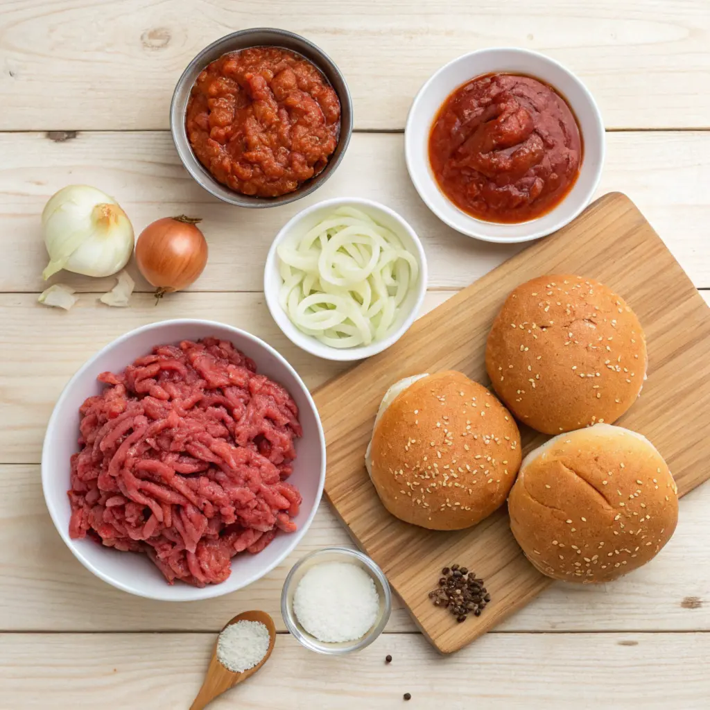 Ingredients for an original sloppy joe: ground beef, onions, tomato sauce, and buns.