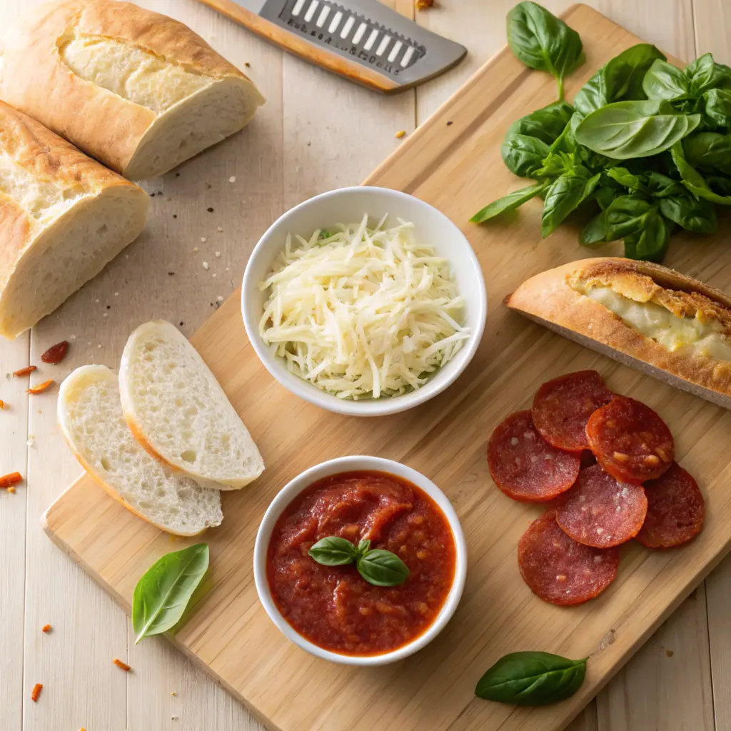 Ciabatta slices, mozzarella cheese, tomato sauce, fresh basil, and pepperoni arranged on a wooden counter.