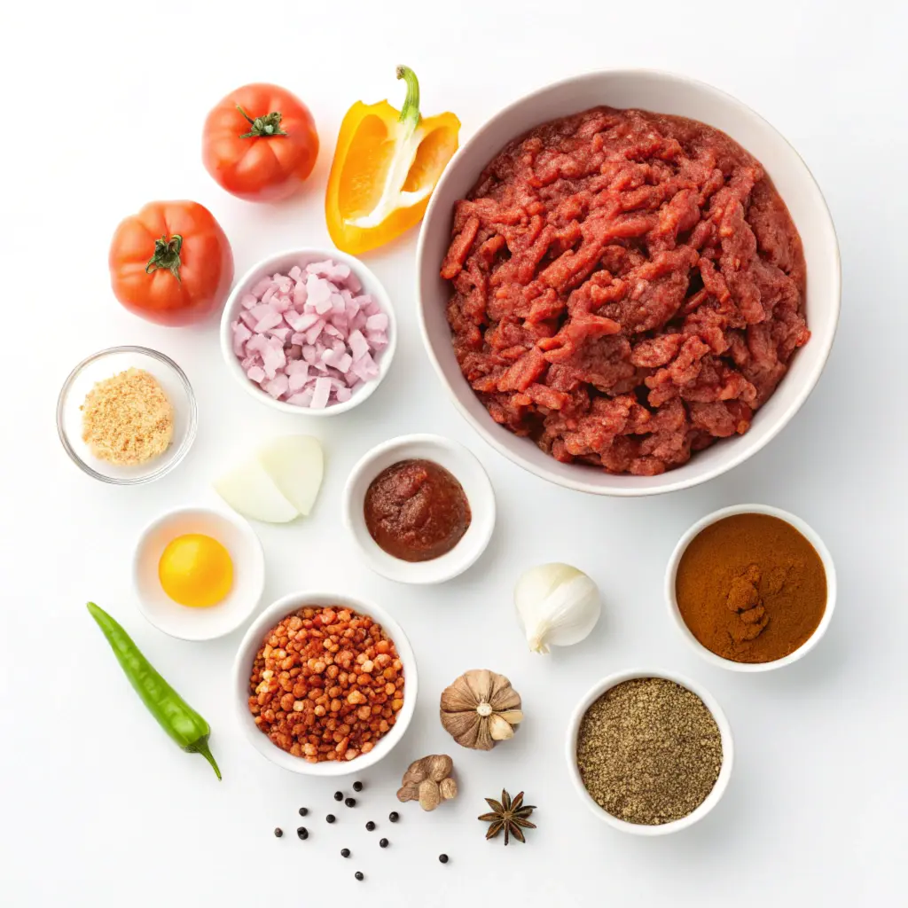 Ingredients for making sloppy joe sauce, including ground beef, tomato sauce, and vegetables.