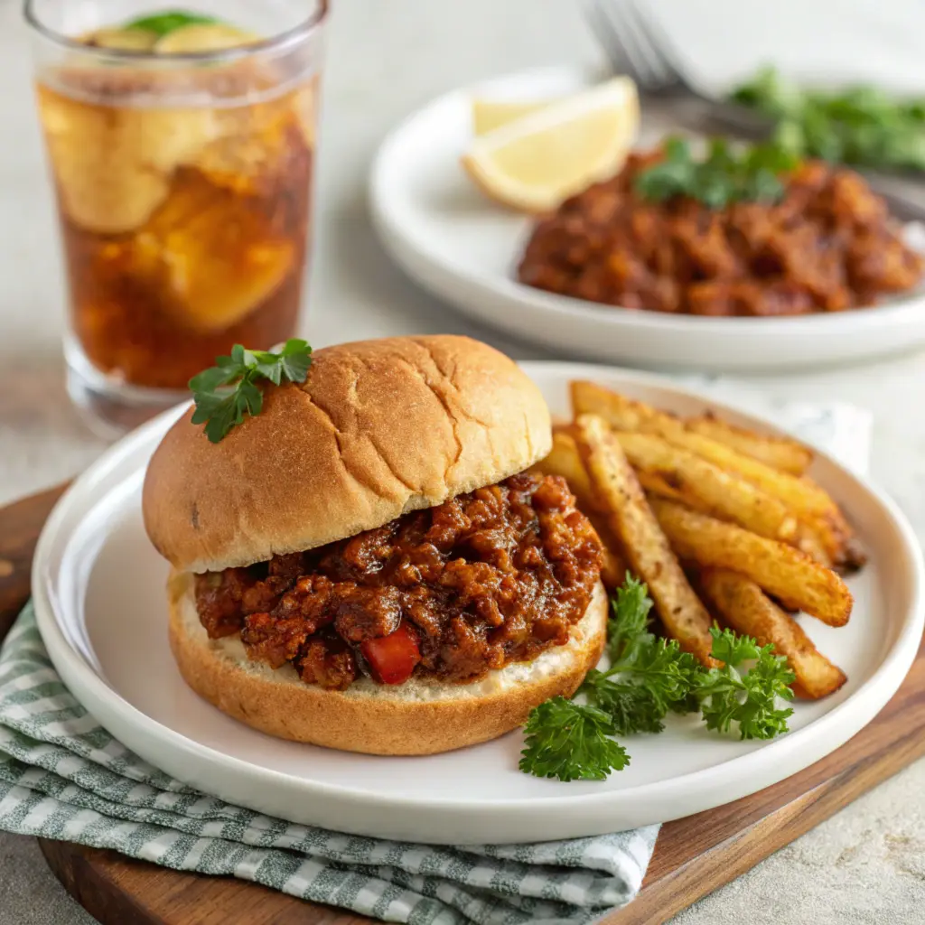 A finished sloppy joe sandwich served with crispy fries.