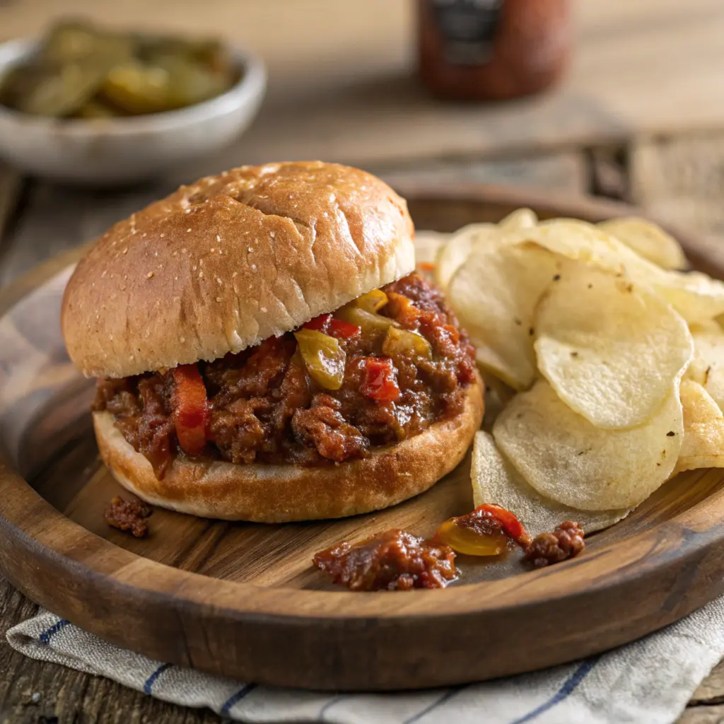 A sloppy joe sandwich on a plate with potato chips.