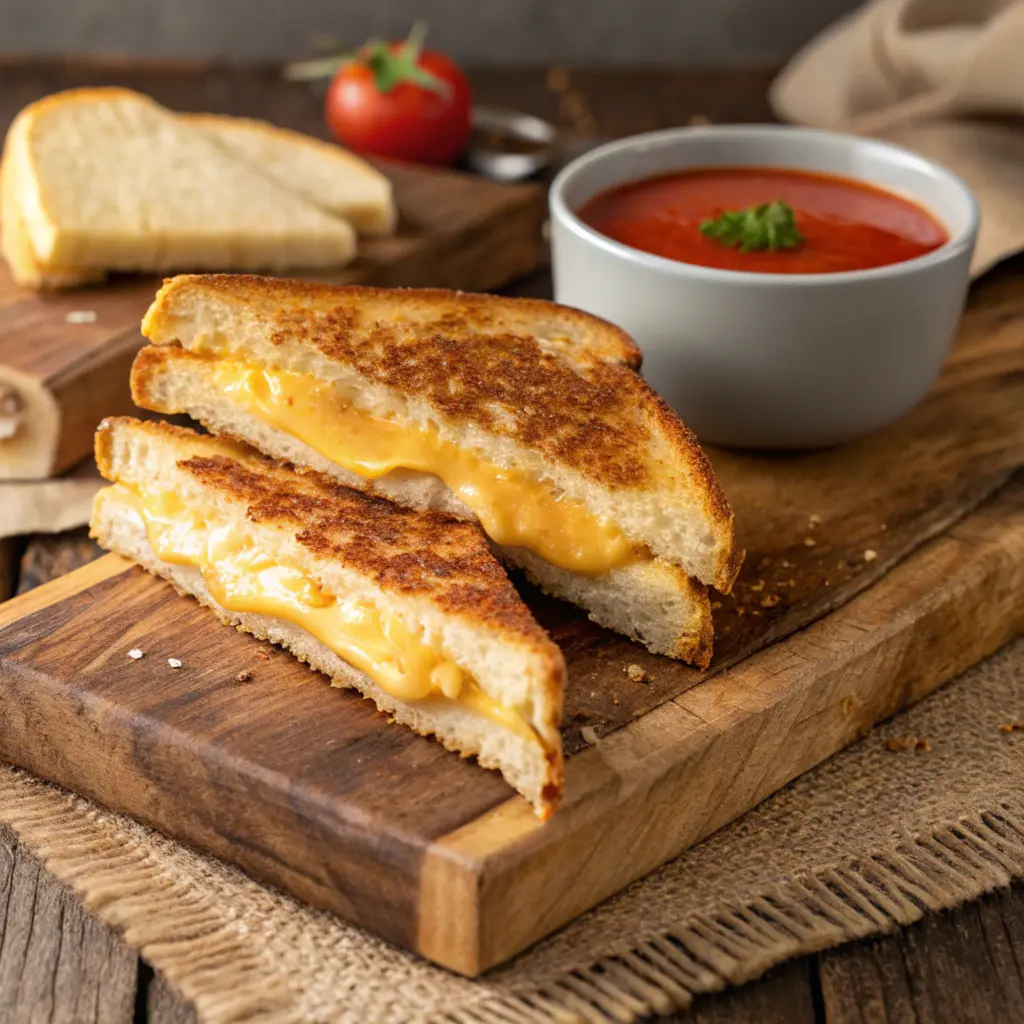 A golden grilled cheese sandwich cut diagonally, served with tomato soup on a rustic wooden board.