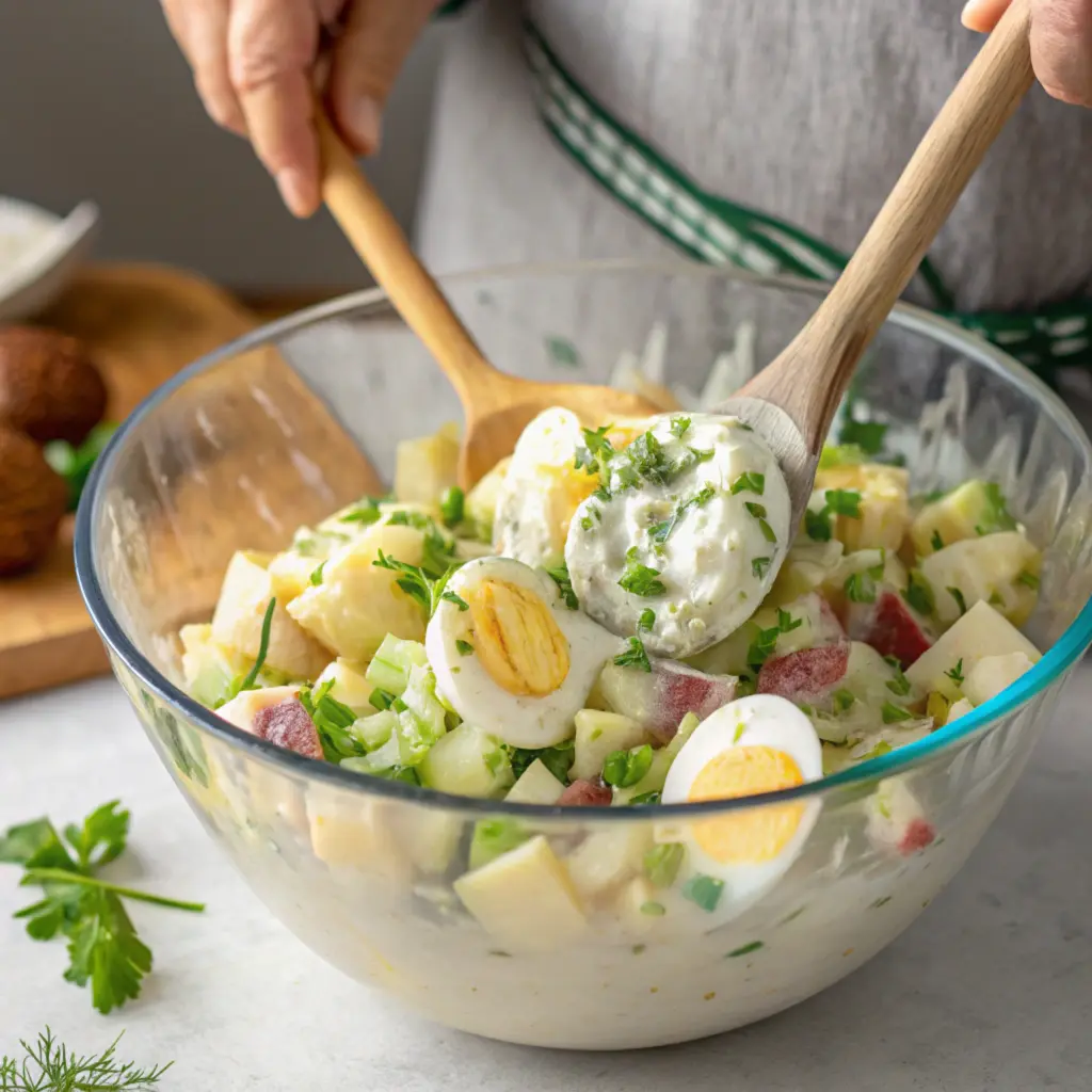 Mixing creamy potato salad with a wooden spoon.