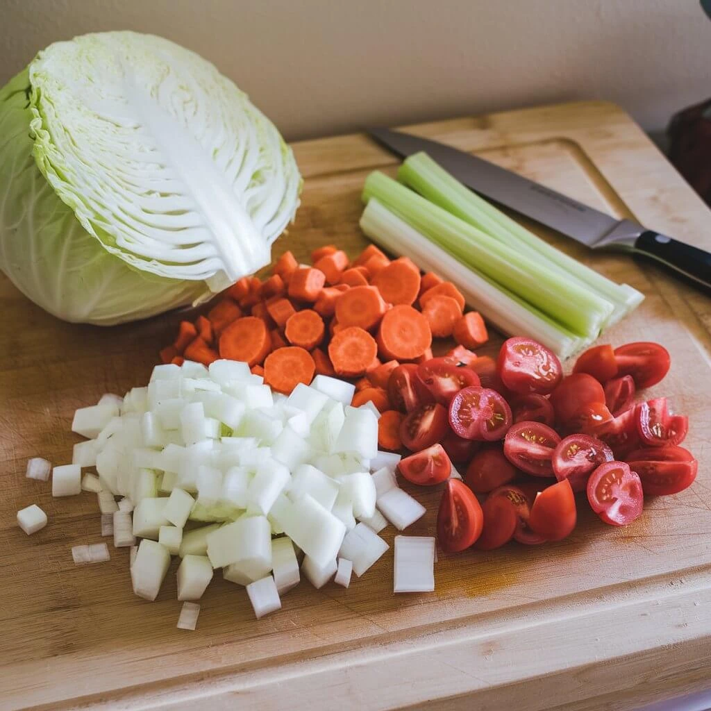 Fresh raw vegetables including cabbage, carrots, onions, celery, and tomatoes on a wooden cutting board.