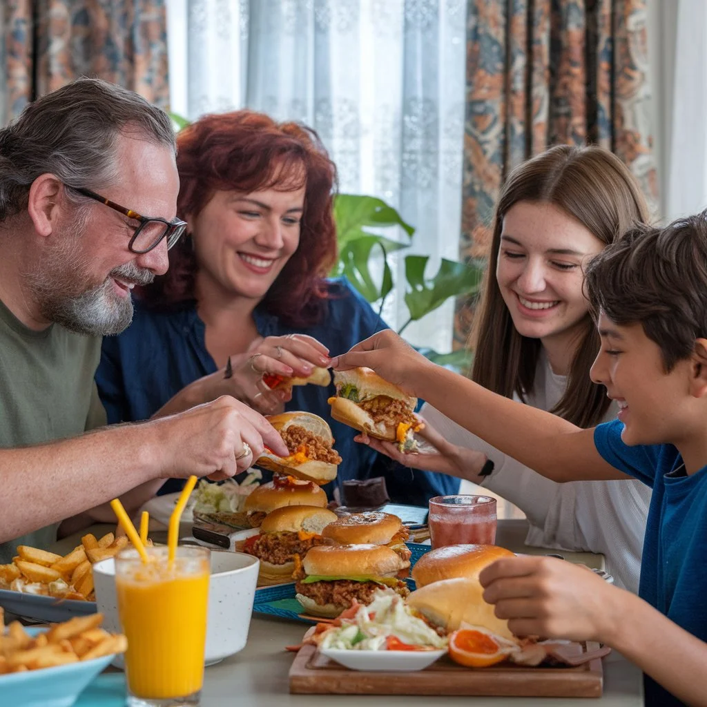 A family enjoying a meal with sloppy joe sandwiches.