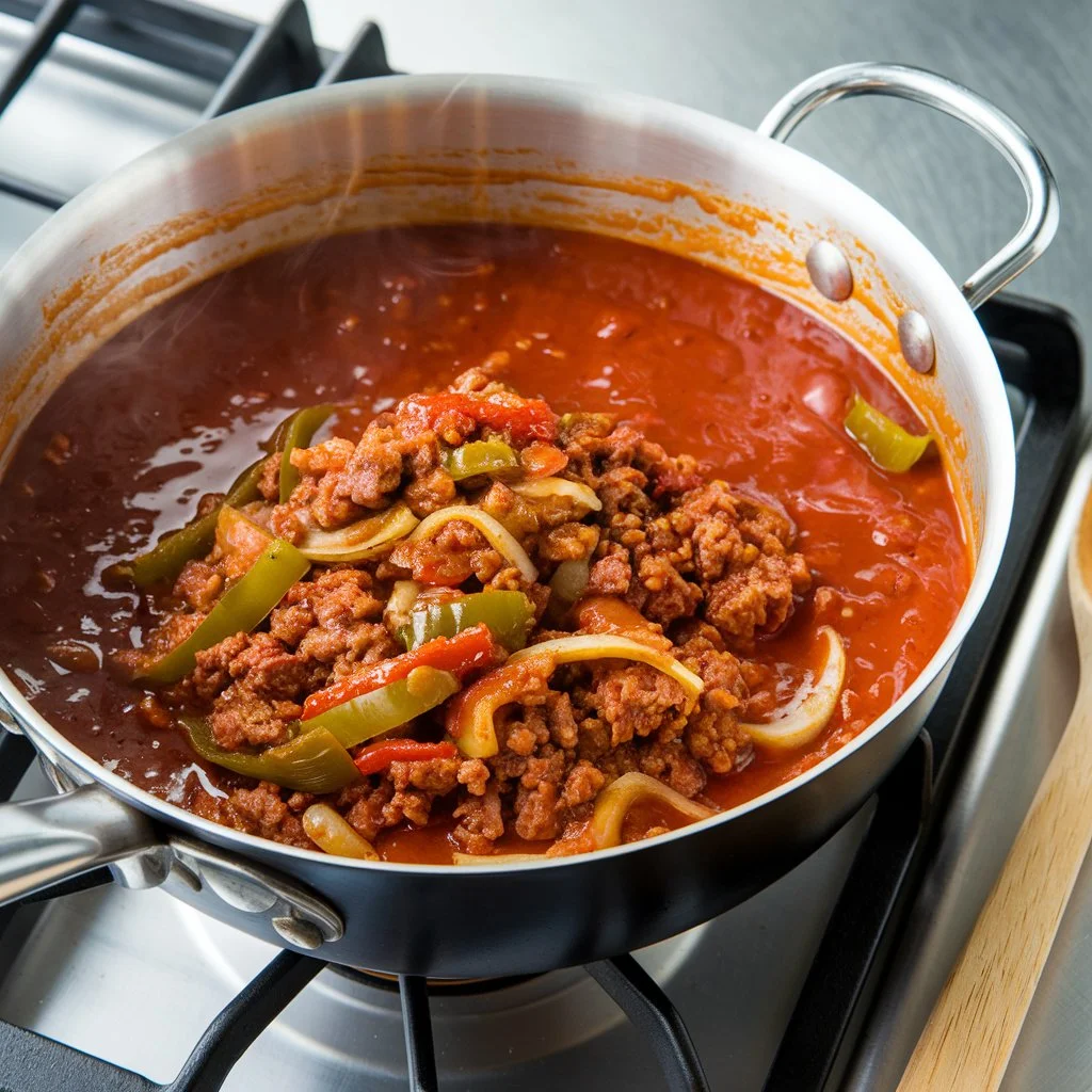 Sloppy joe filling simmering in a saucepan.