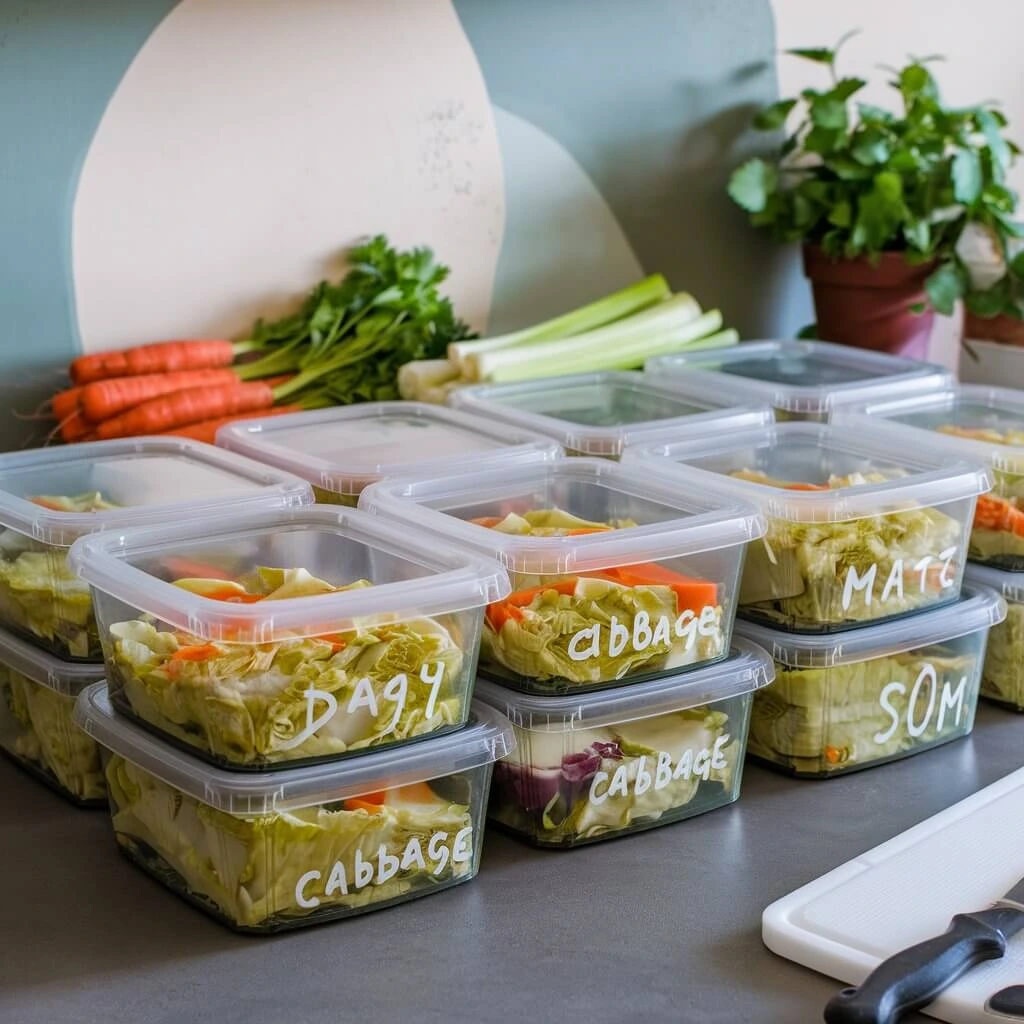 Meal prep containers filled with cabbage soup, ready for a week of the cabbage soup diet.