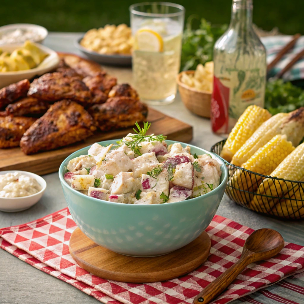 A picnic table featuring Bobby Flay’s potato salad alongside BBQ dishes like grilled chicken and corn.