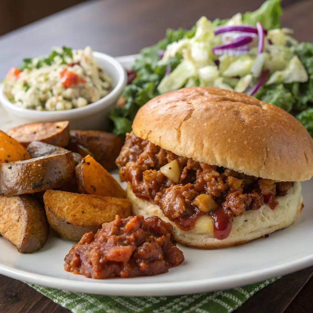 Sloppy joe with coleslaw, roasted potatoes, and a green salad.