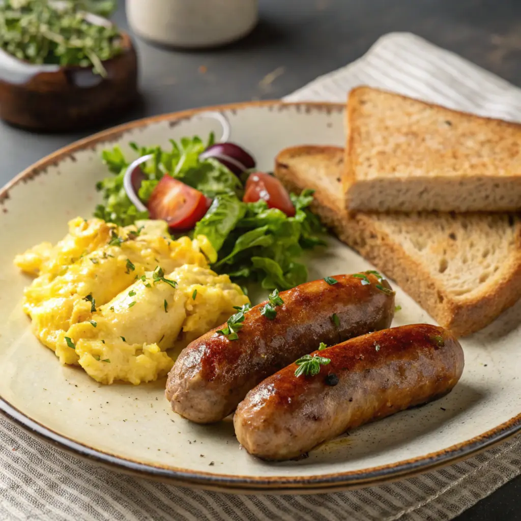 Air-fried breakfast sausages served with eggs, toast, and salad.