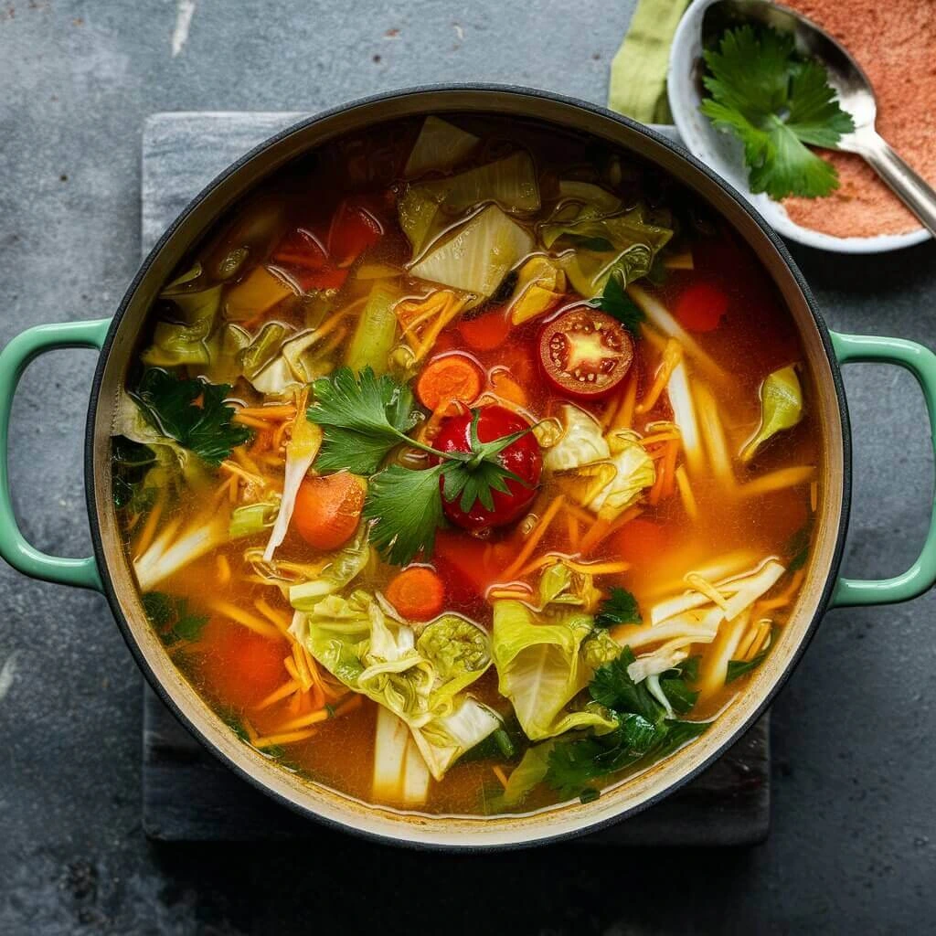 A pot of cabbage soup with fresh vegetables simmering in broth.