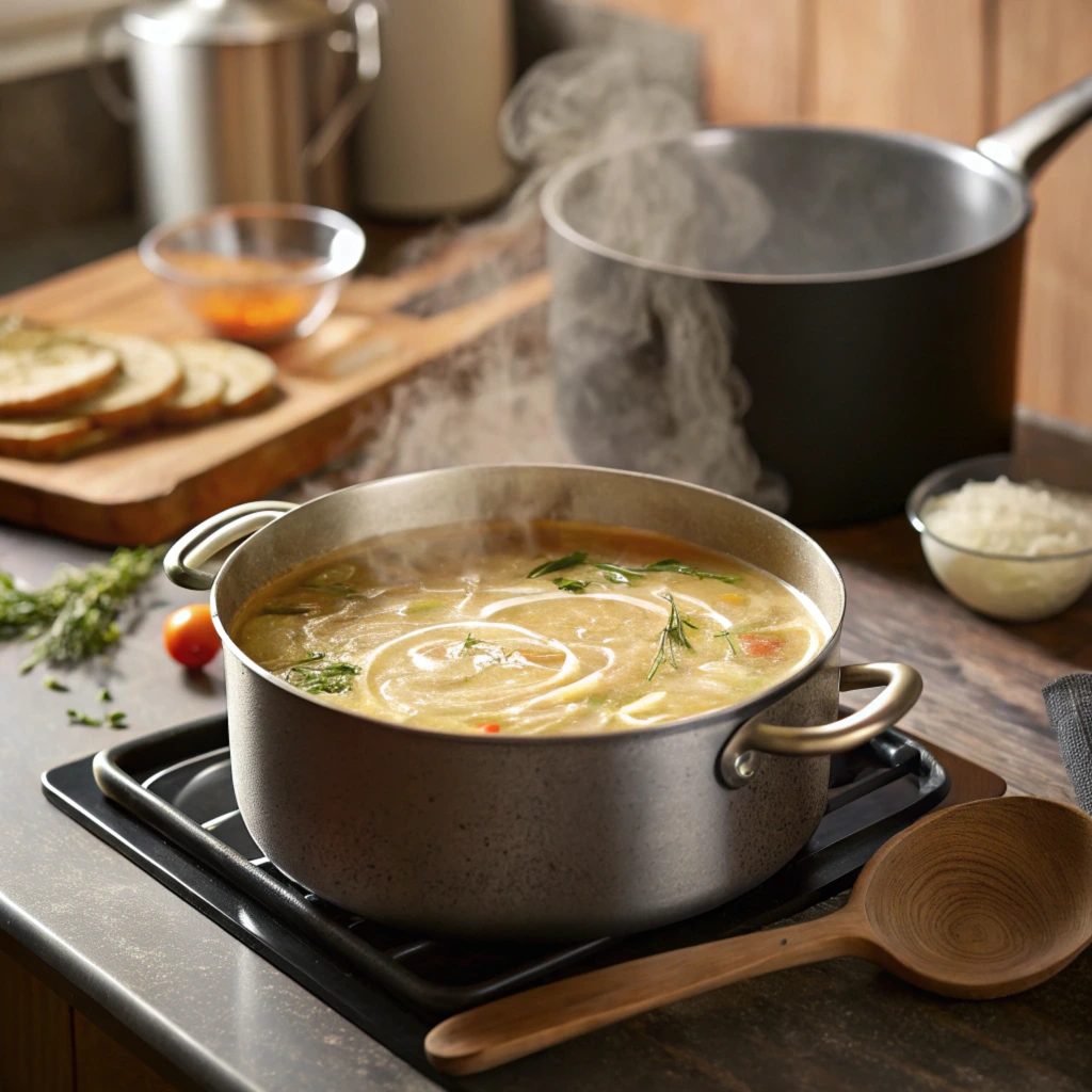 A pot of tomato soup being blended for a creamy texture, a key step in making Panera-style soup.