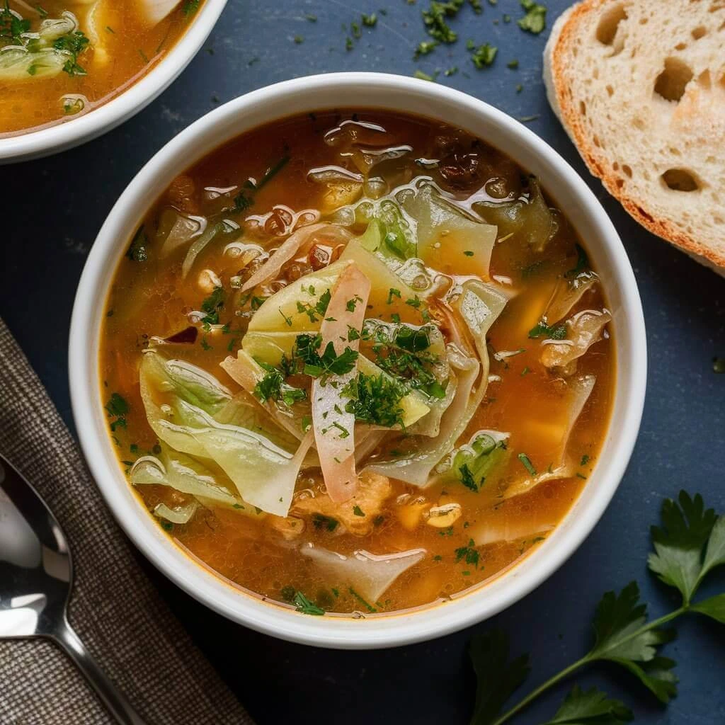 A bowl of cabbage soup garnished with parsley and served with crusty bread.