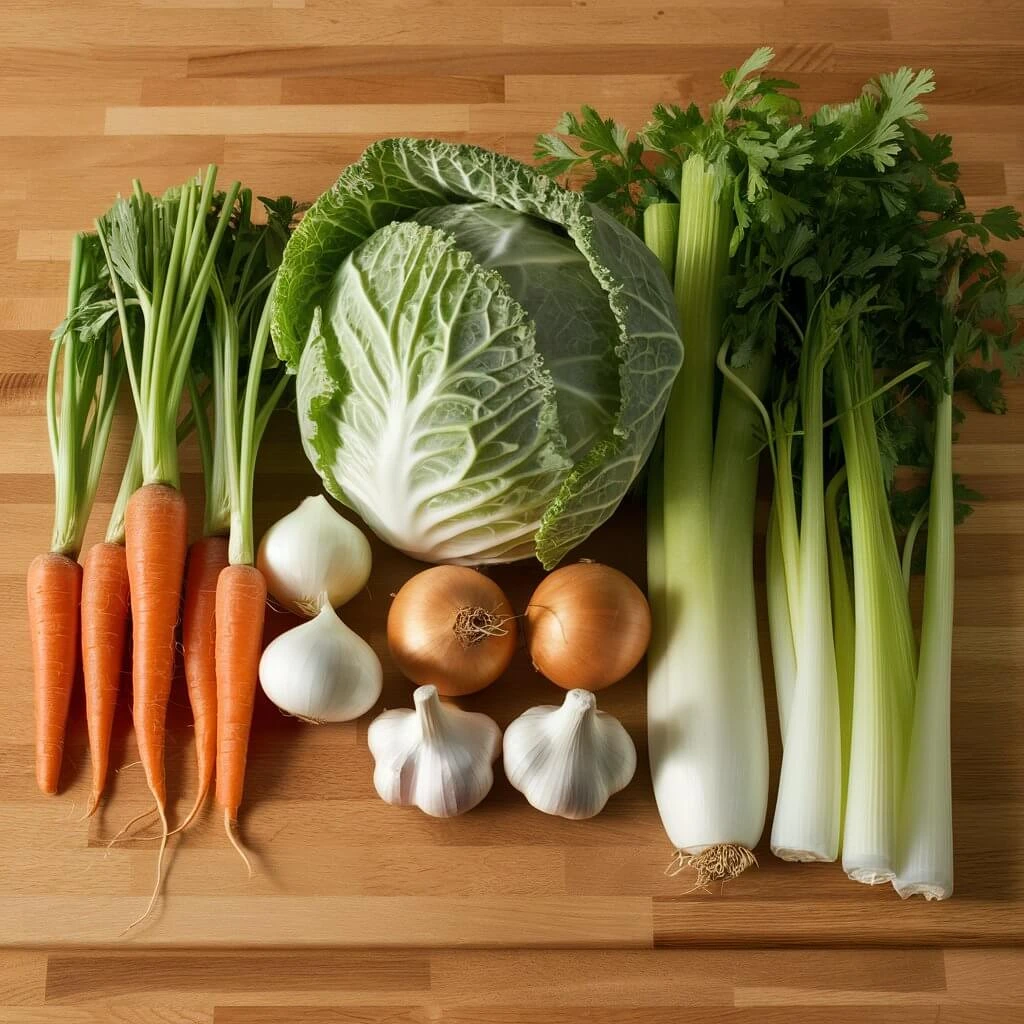 Fresh ingredients for rivers edge cabbage soup on a wooden counter.