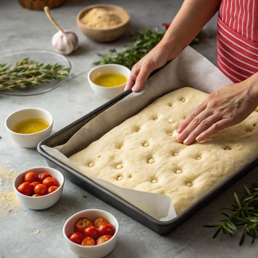 Hands pressing dimples into focaccia dough in a baking pan, with toppings like cherry tomatoes and herbs on the side.