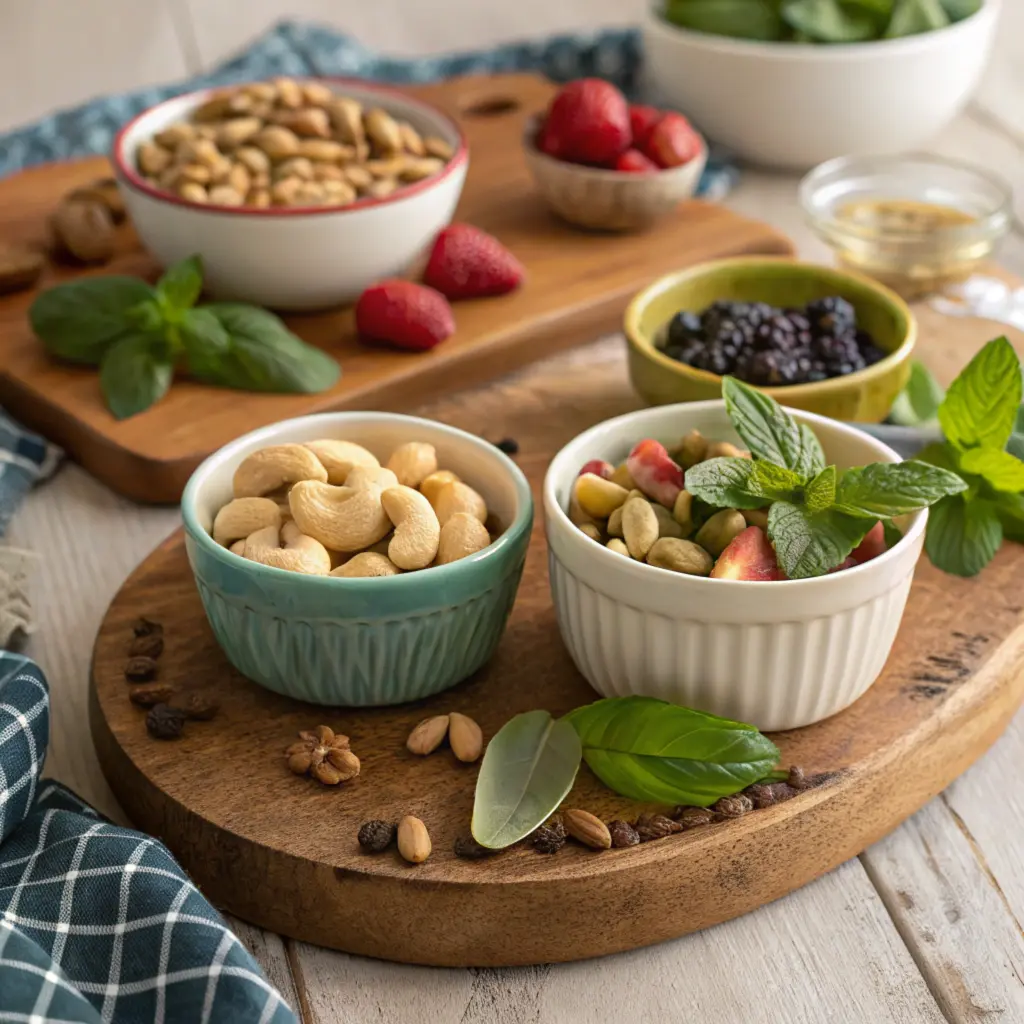 Fresh fruits, herbs, and nuts on a rustic serving board ready for a herb-infused dressing.