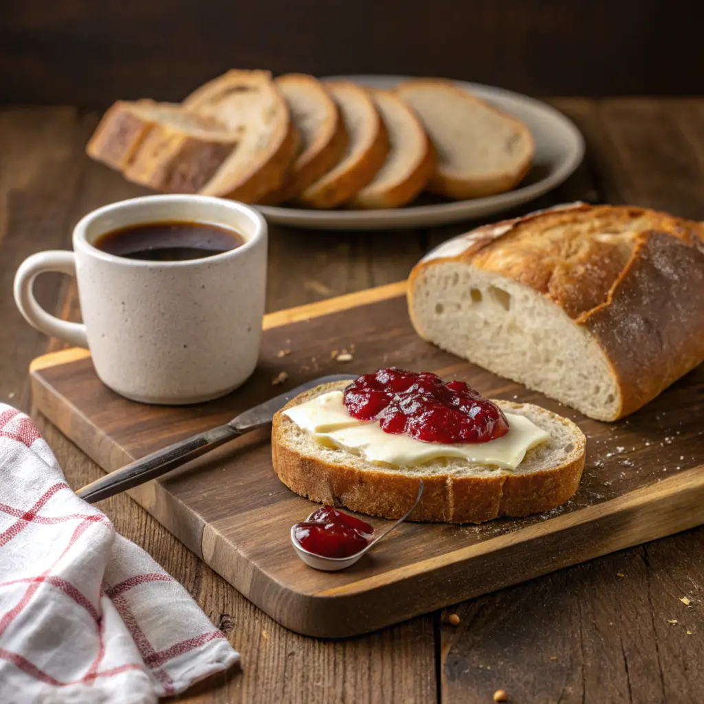 Sourdough-bread slices served with butter, jam, and coffee on a rustic table