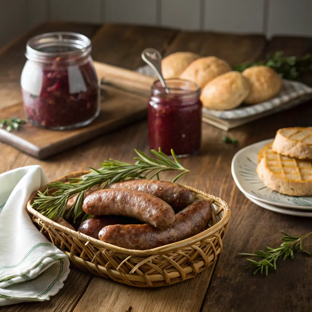 A rustic wooden table with a basket of cooked beef sausages, rosemary garnish, jam, and biscuits in a farmhouse setting.