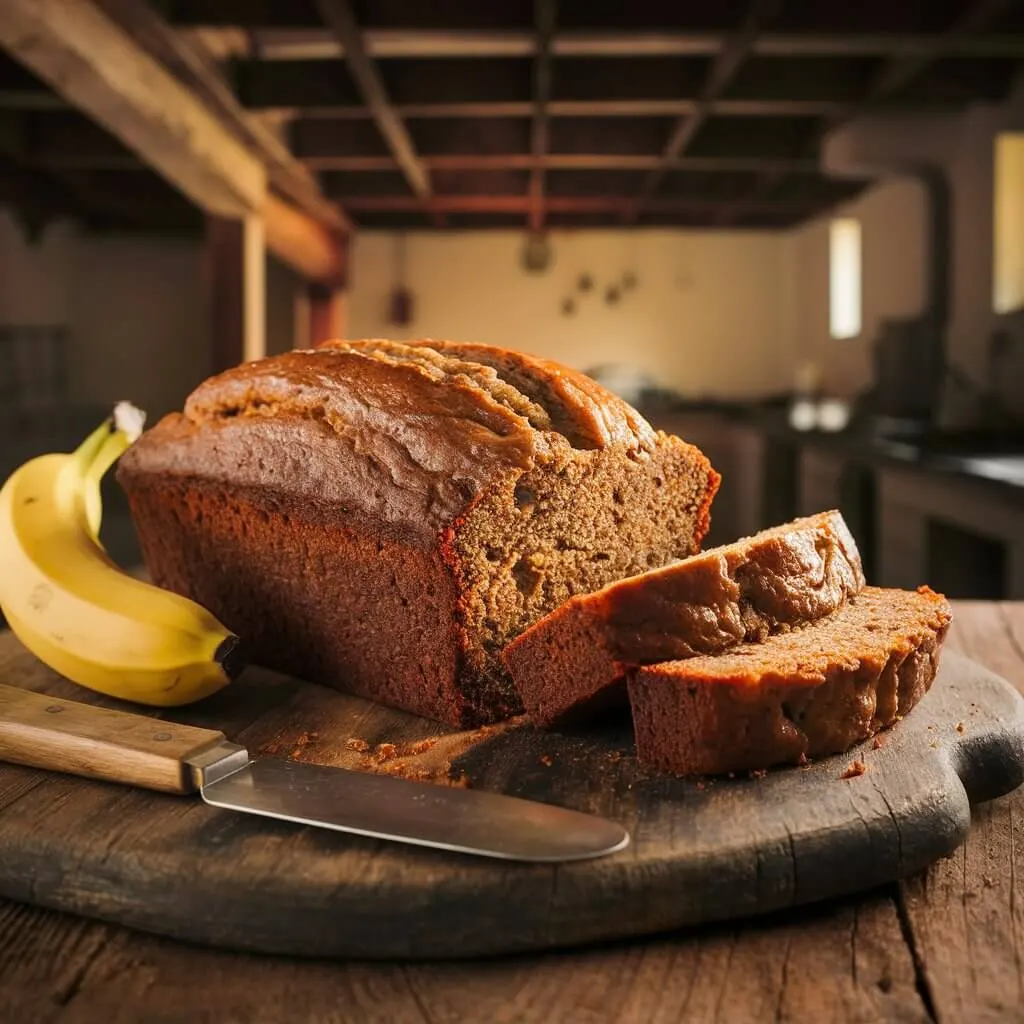 Freshly baked banana bread loaf on a wooden cutting board with ripe bananas in the background