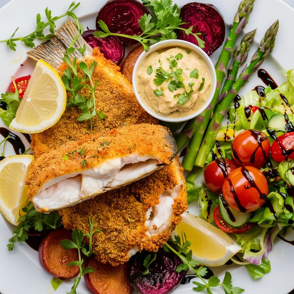 Crispy air-fried fish served with tartar sauce, roasted vegetables, and salad.