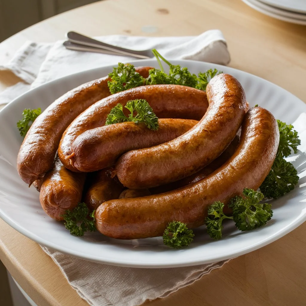 Golden-brown sausages on a white plate