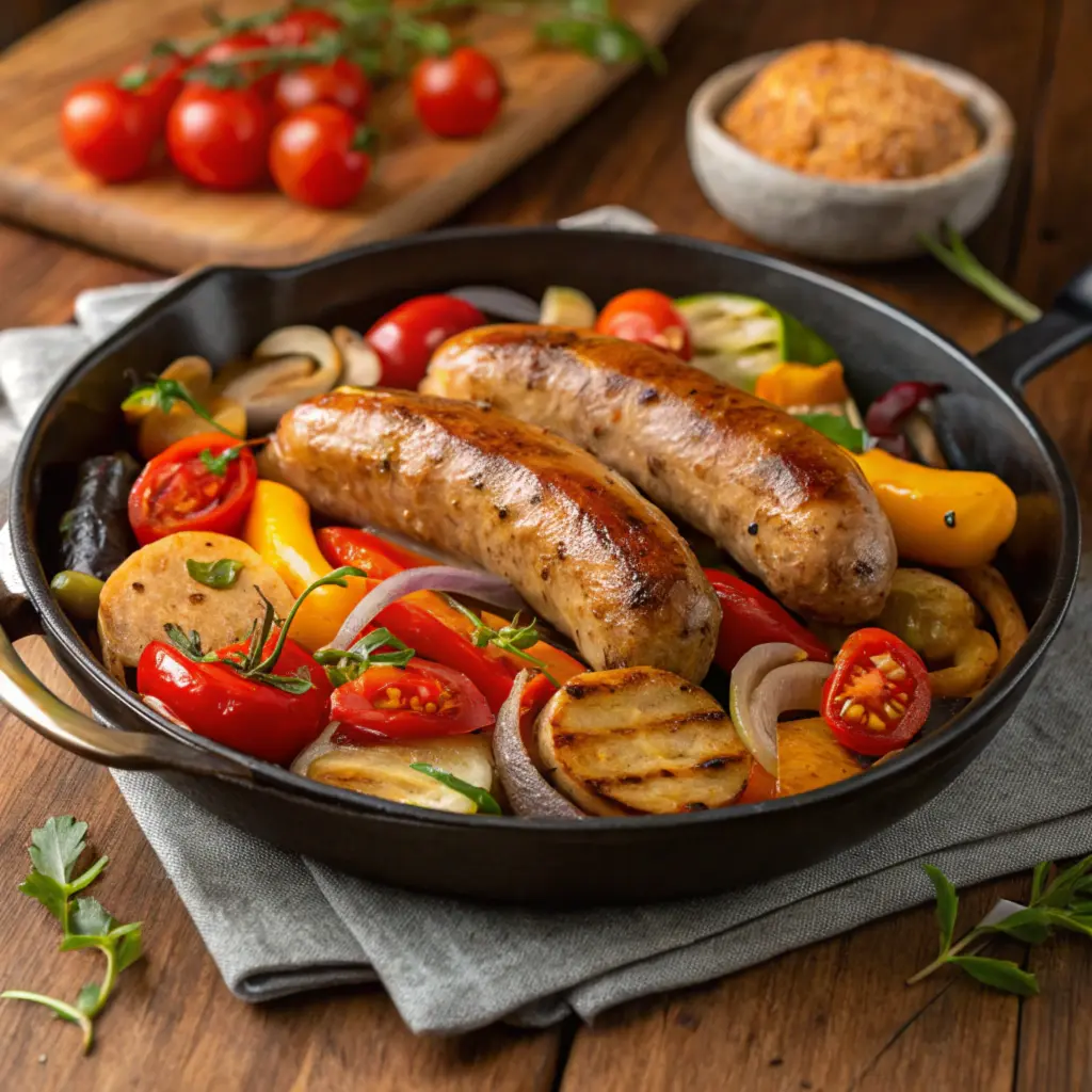 Air-fried chicken breakfast sausages served with roasted vegetables.