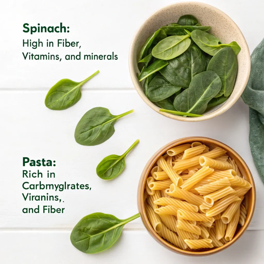 Side-by-side comparison of raw spinach leaves and cooked pasta with nutrient labels for fiber, vitamins, and carbohydrates.