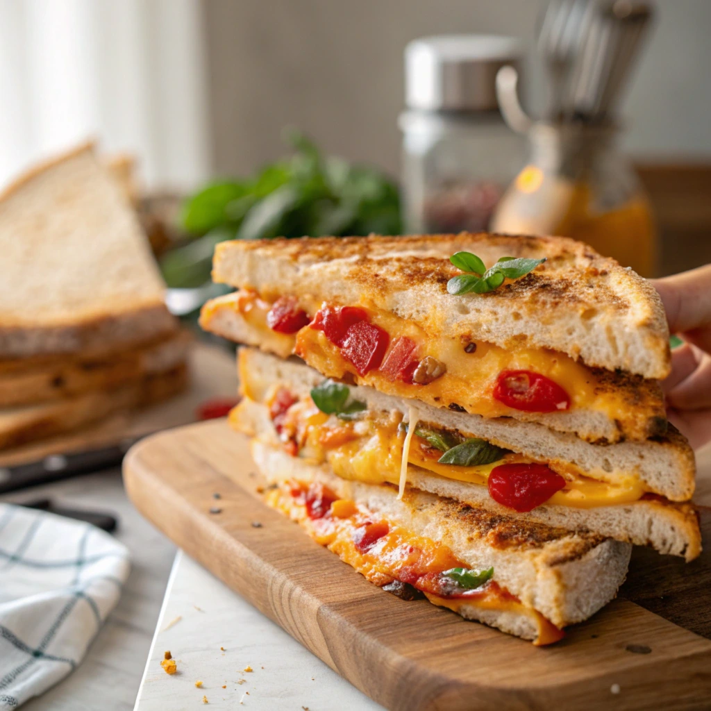 Side view of grilled cheese sandwich pizza showing crispy bread and layers of gooey cheese with toppings.