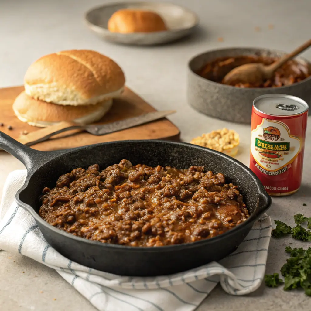 Skillet of ground beef next to a can of Manwich sauce