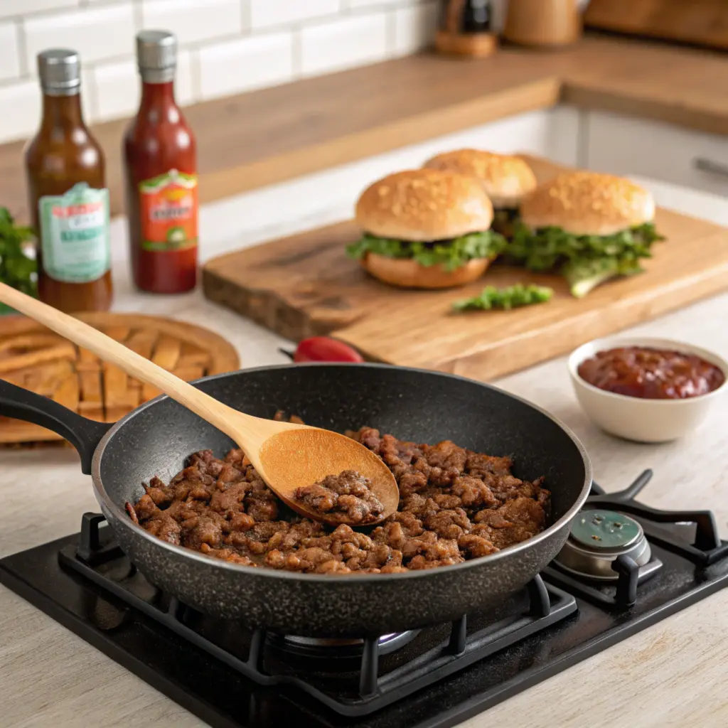 Cooking ground beef in a skillet for sloppy joes.