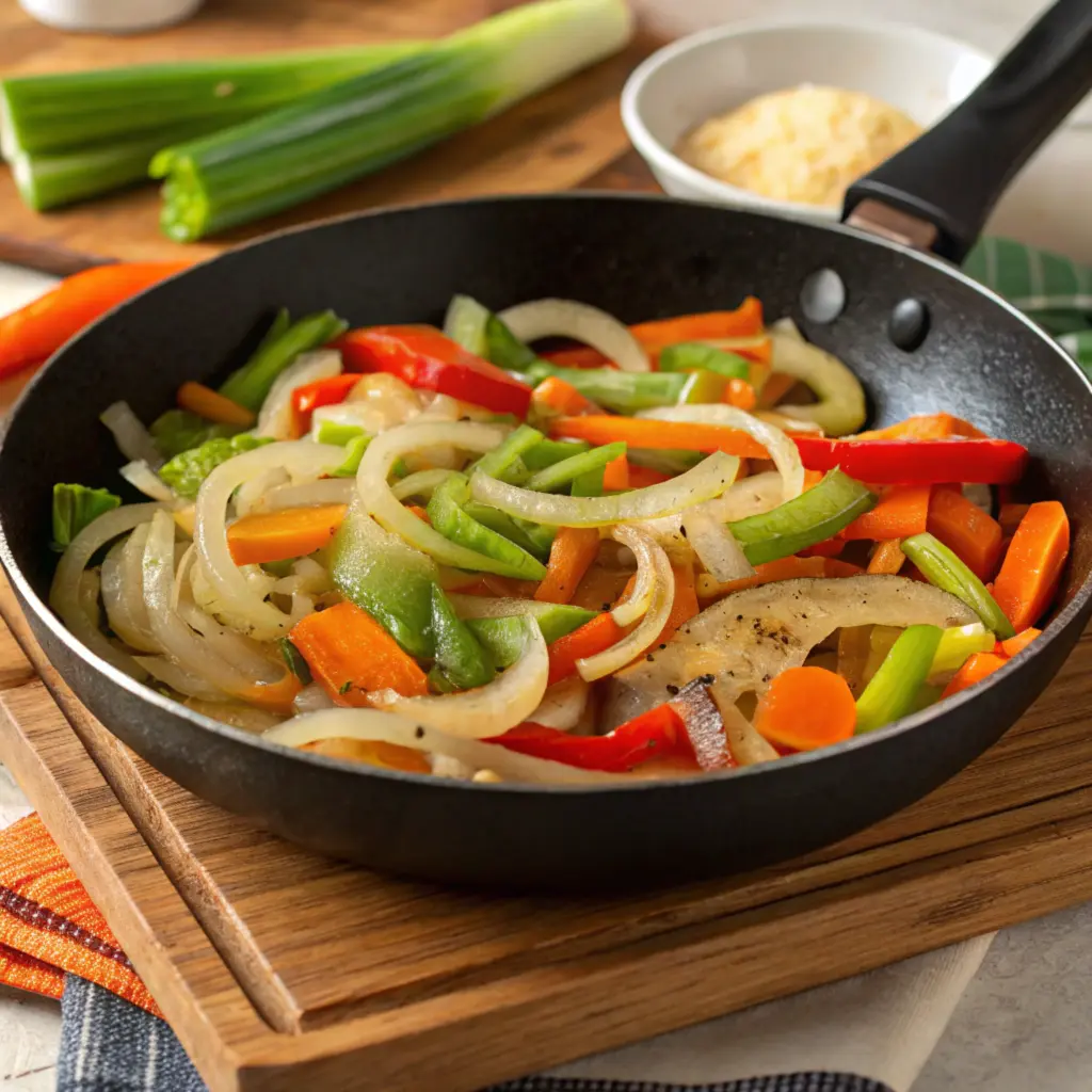 A skillet with sautéed onions, bell peppers, carrots, and celery for sloppy joes.