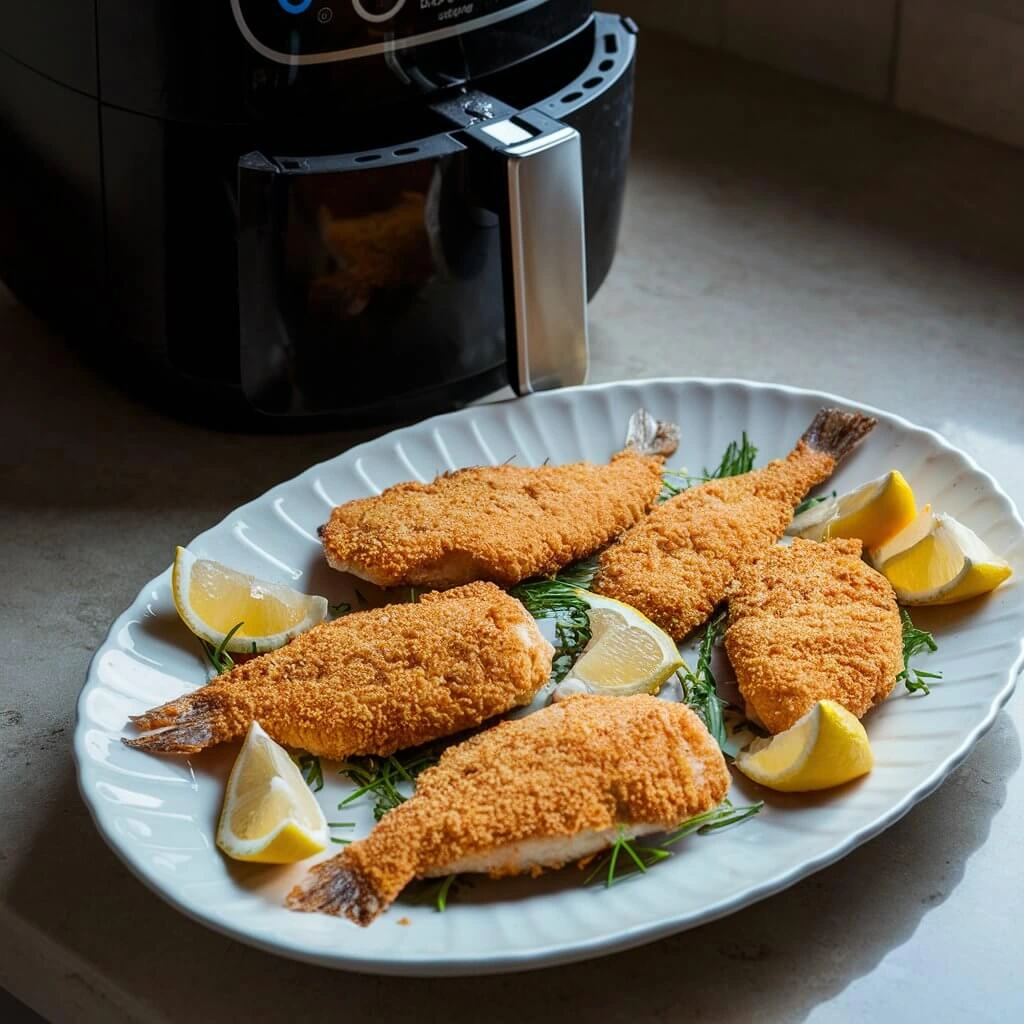 Golden breaded fish fillets cooked in an air fryer, served on a white plate with lemon wedges.