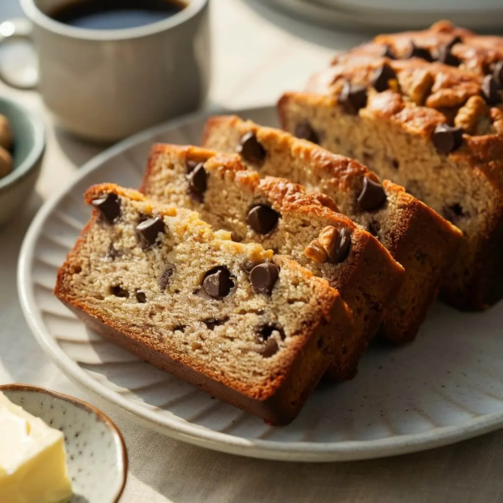 Sliced banana loaf with visible chocolate chips and nuts