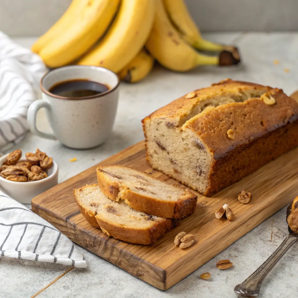 Sourdough banana bread slices on a cutting board.