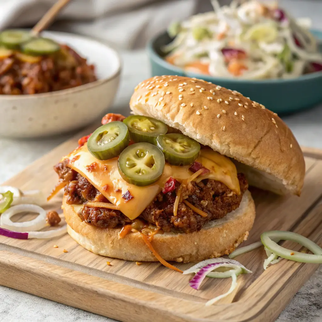 Sloppy joe with cheese, jalapeños, and coleslaw toppings.