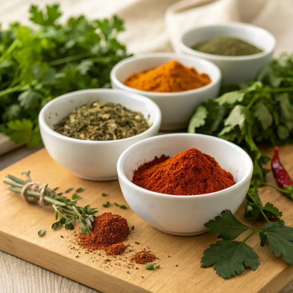 Spices and fresh herbs for enhancing sloppy joe flavor.